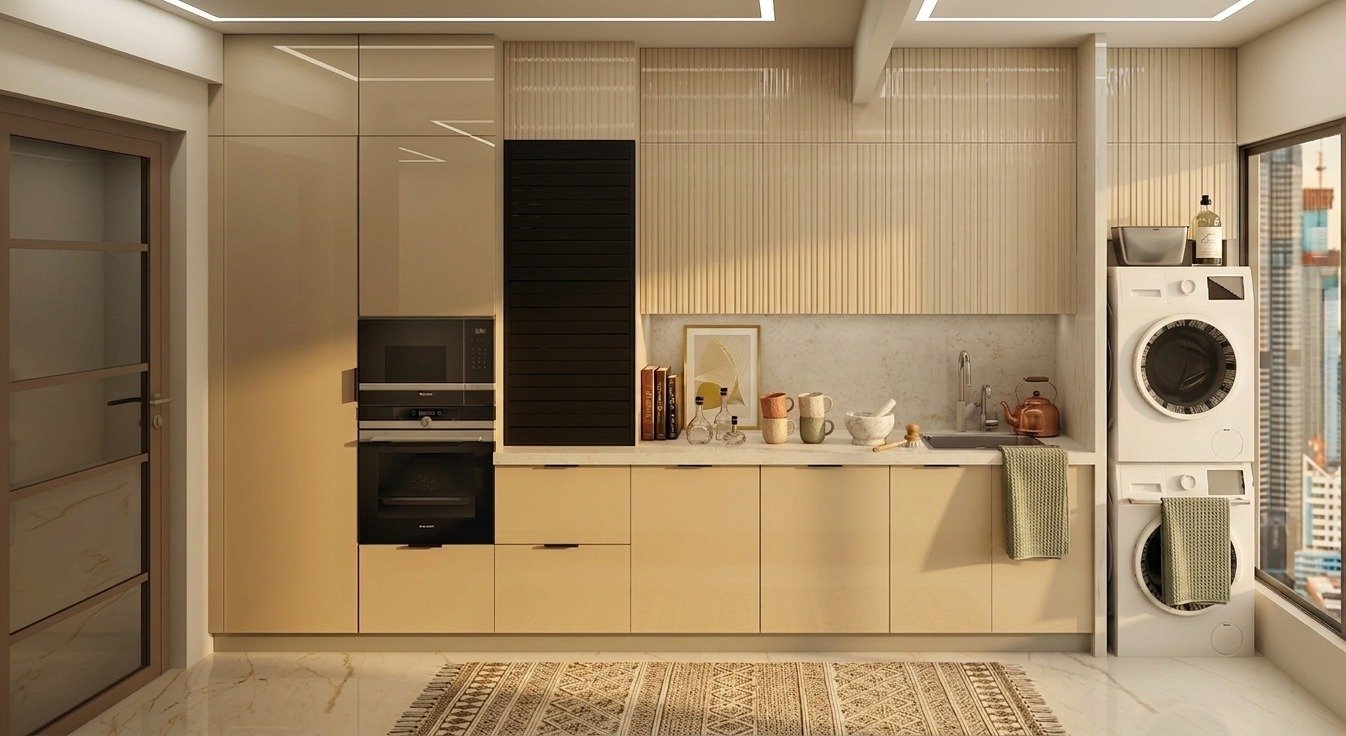 Beige kitchen with integrated utility appliances