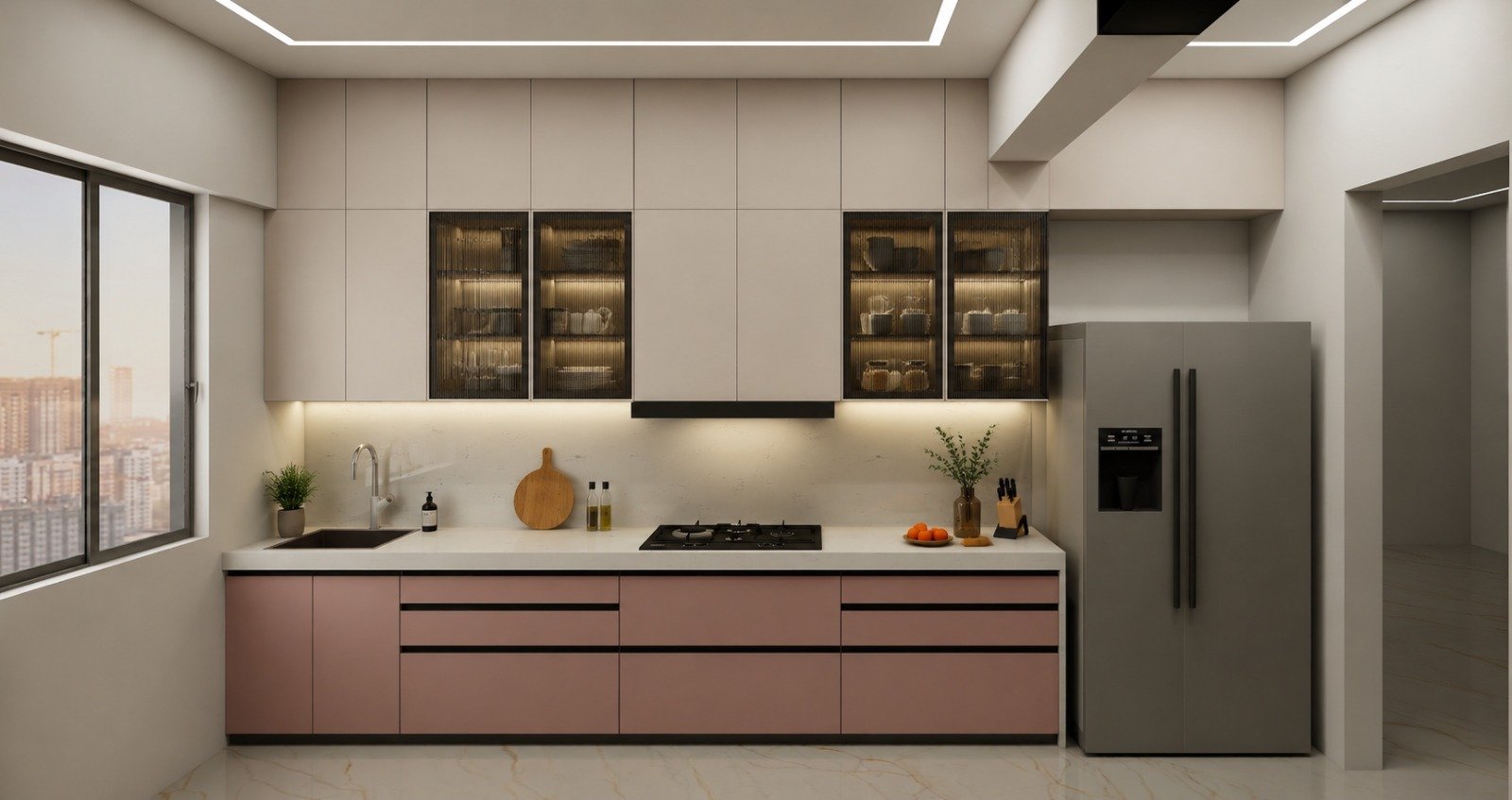 Blush and grey kitchen with tall storage
