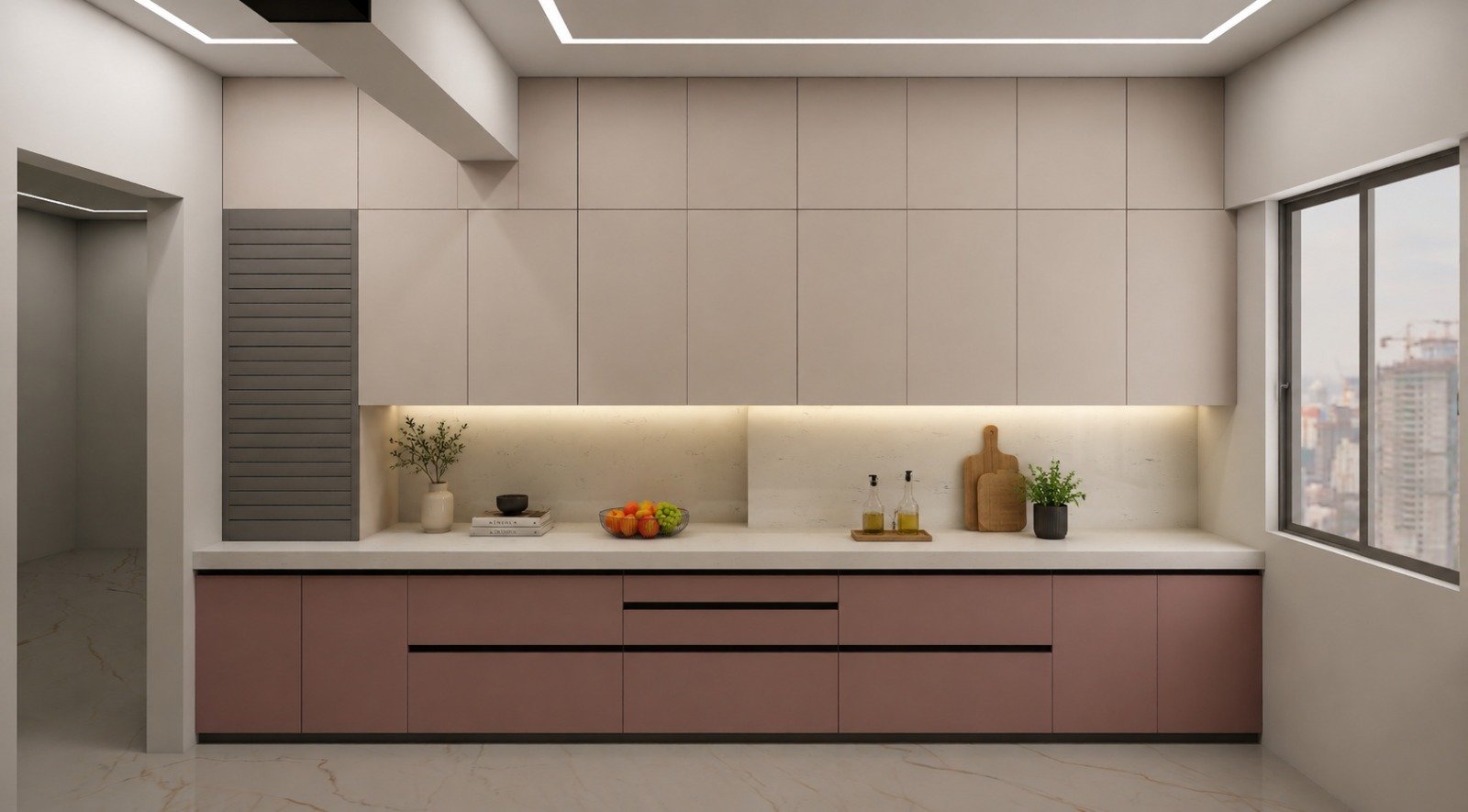 Blush linear kitchen with under-cabinet lighting