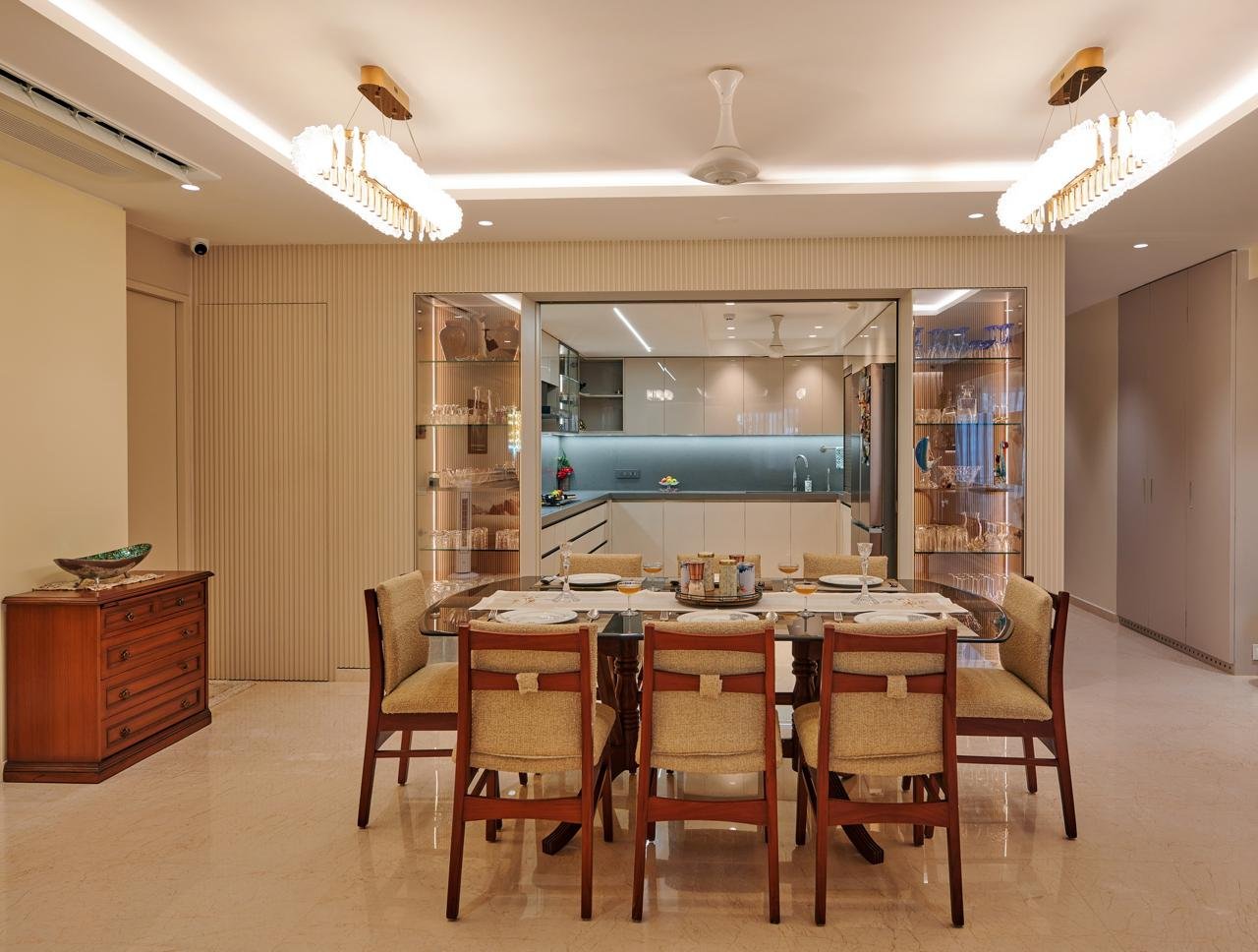 Kitchen and dining room interior with warm lighting
