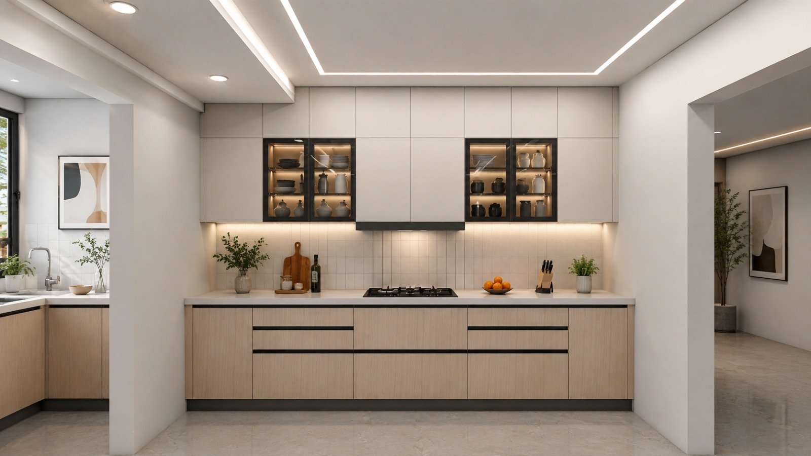 Grey linear modular kitchen with display cabinets