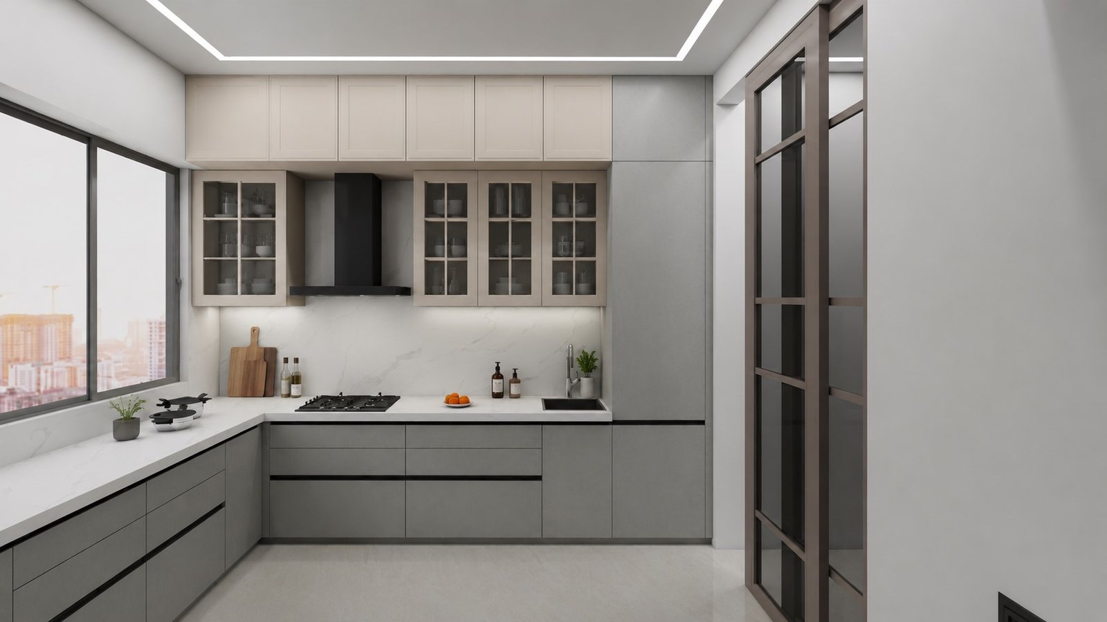 Grey kitchen along a window wall