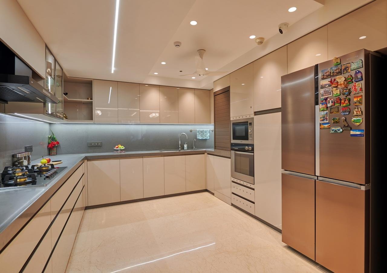 L-shaped kitchen with copper-toned cabinets