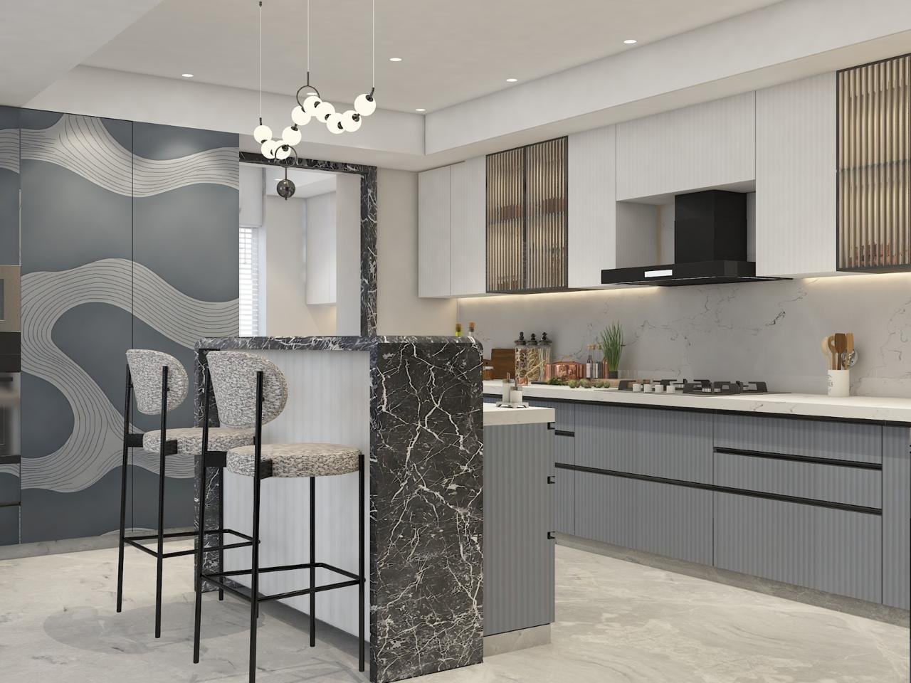 Elegant modular kitchen interior with marble island