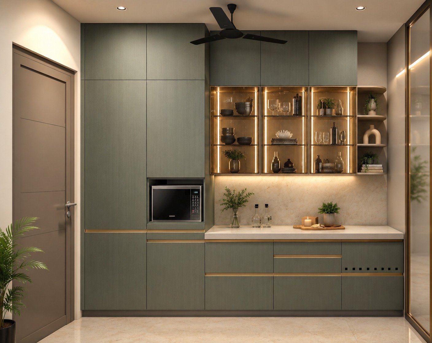 Sage green kitchen cabinetry with refined fixtures