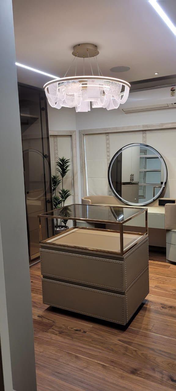 Vanity and storage detail in a finished interior