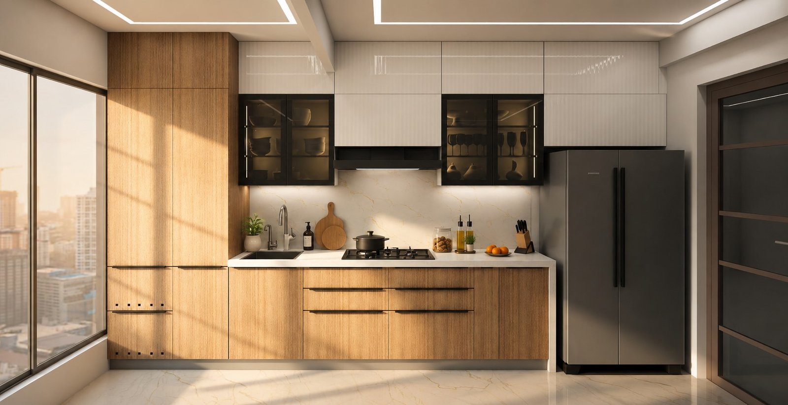 Open plan modern kitchen with warm wood cabinetry
